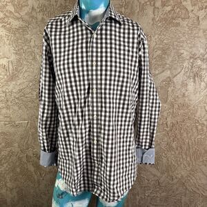 Johnston & Murphy Men’s Shirt Tailor Fit L Brown White Gingham Check Button-down